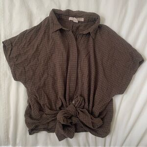 Forever 21 Brown Gingham Button Ribbon Tie Top